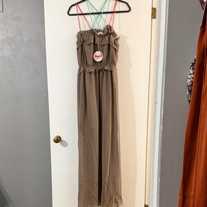 Hayden Taupe Maxi Dress with Ruffle Neckline and Crisscross Straps